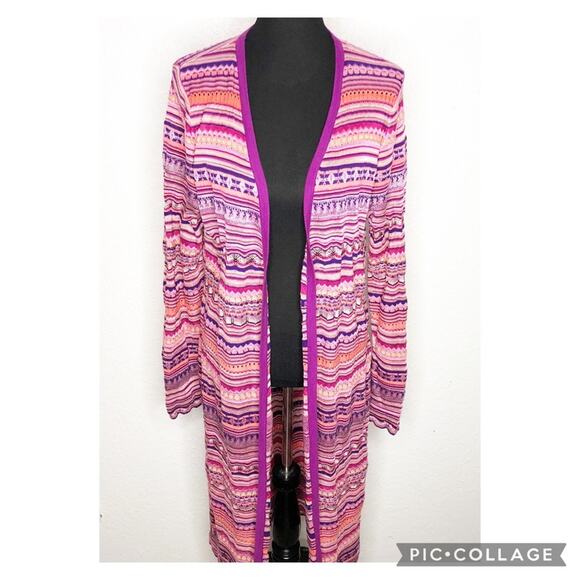 Chicos pink purple stripe crochet knit open front long cardigan size 2 or Medium - Picture 1 of 15